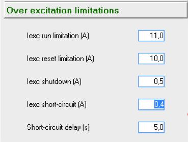 - Under-excitation delay (s): it must be very short such as 2s. - Iexc run limitation (A): this corresponds to the highest value of the field current when ceiling in short-circuit.