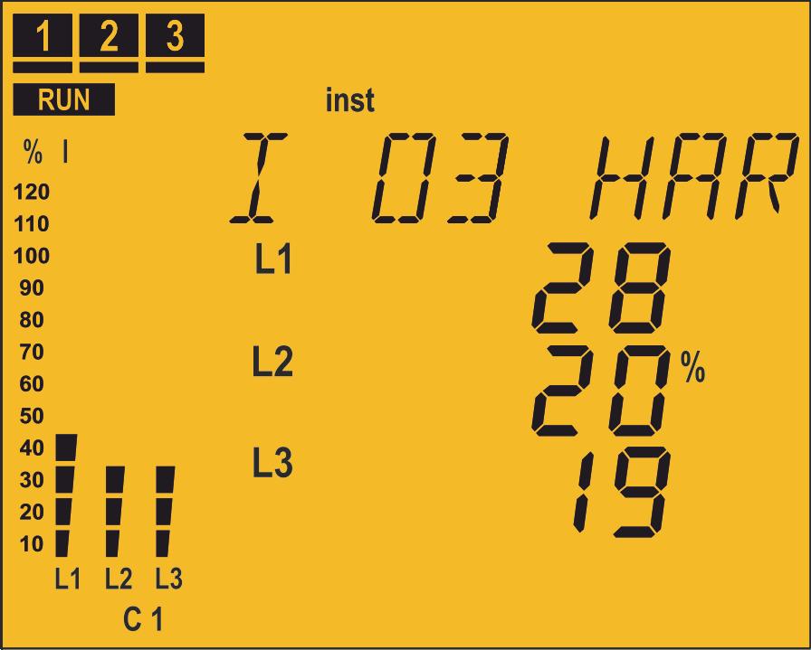 Voltage harmonics L1 Voltage harmonic L2 Voltage harmonic L3 Voltage harmonic (%) Change the harmonic no.: 3, 5, 7, 9, 11, 13, 15, 17. Display the maximum values.