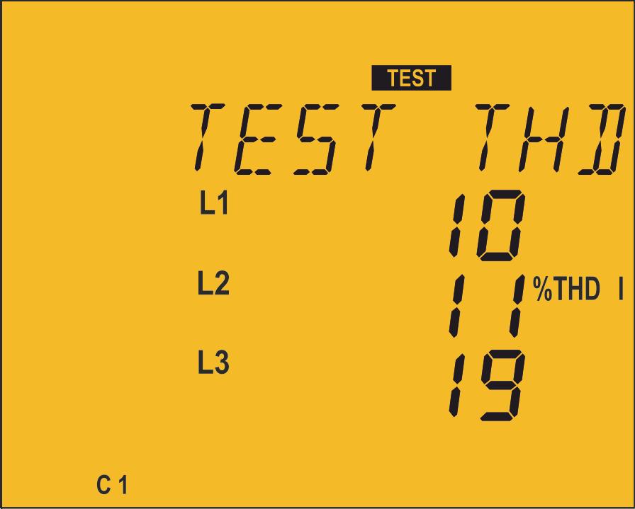 Current THD Test Display screen of the: Current THD (2U.1C and 3U.1C connection) L1 Current THD (3U.3C connection) L2 Current THD (3U.3C connection) L3 Current THD (3U.