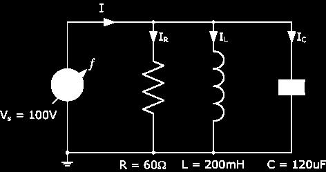 A parallel resonance network consisting of a resistor of 60Ω, a capacitor of 120uF and an inductor of 200mH is connected across a sinusoidal supply voltage which has a constant output