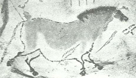 Horse-contour on clay surface in Montespan cave with the traces of plastical modellation on it s back, head, tail.