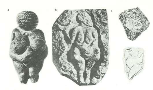 Female figures : a sculpture (Willendorf Venus) b relief (Laussel) c plain scratches (La Marche) Female figures without head: 1-2
