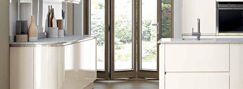Italia Italia is a semi-handleless door that has an integrated J pull handle with neat radius edges. It is available in four gloss finishes and five beautiful woodgrains.
