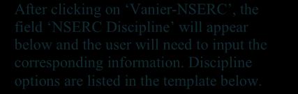 After clicking on Vanier-NSERC, the field NSERC Discipline will appear below and the user will