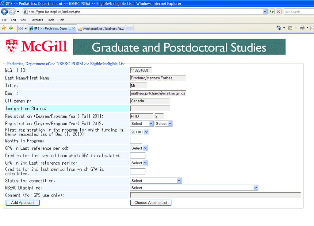 Student without a McGill ID# Non-McGill student will have a default ID of 100000000, and this ID field will not be