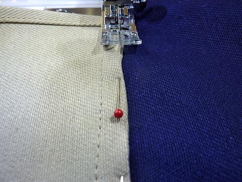 12. Re-thread the machine with the contrasting thread in the top and thread to match the split panels in the bobbin. 13.