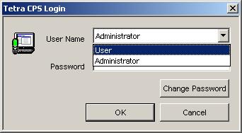 3-2 Customer Programming Software (CPS) Option 1. User Name: User Password: user If this login option is used several sub menus and entry fields of the terminal s codeplug are not editable. Option 2.
