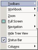 View Menu 3-19 Zoom Full Screen Navigation Hide Tree View Status Bar Columns 6.1 Tool Bars This is used to toggle the displayed toolbars on or off. The toolbars are located below the menu bar.
