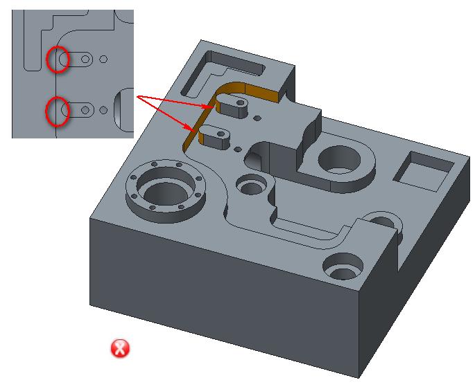 Narrow Regions in Pockets It is recommended to avoid features that are too close to each other such that the gap between them is too narrow to allow milling cutter to pass through them.