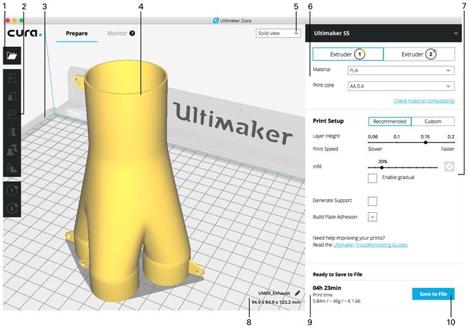 5.3 Prepare a print with Ultimaker Cura Interface After you have added the Ultimaker S5 in Ultimaker Cura, the main interface will become visible. Here is an overview of the interface. 1. Open file 2.