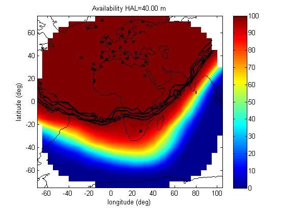 SCINTILLATION MODEL AVAILABILITY RESULTS No significant availability degradation due to equatorial scintillation HAL 40 m VAL 10 m GPS & Galileo EGNOS RIMS