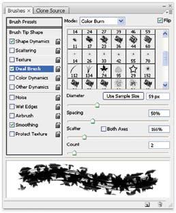 Chapter 6 Painting Tools and Filters 237 Dual Brush Settings In the Dual Brush section of the Brushes palette, a second brush tip can be combined with the first.