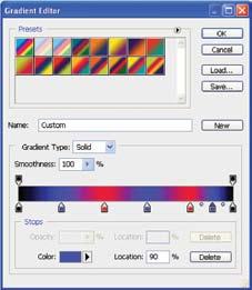 276 Learning Photoshop 30. Add a color stop by clicking between the fifth and last color stops. Change its color to blue. 31. Drag the color stops until they are evenly spaced.