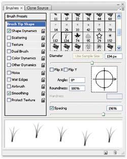 232 Learning Photoshop Figure 6-8. The design, diameter, orientation, and spacing of brush tips can be changed in the Brush Tip Shape section of the Brushes palette.