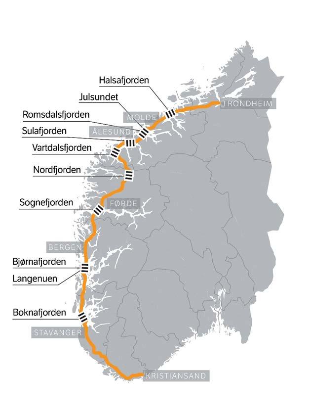 The E39 Coastal Highway Route Challenging fjord crossings Fiord Width (km) Depth (m) Halsafjorden 2 5-600 Julsundet 1.