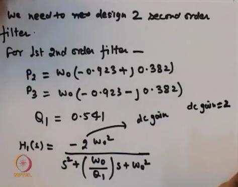 We need to design 2 second order filter, for first second order filter we take 2 poles that is P2, P3 which are that I have calculated earlier are - omega 0-0.923 + j 0.382, = 0.923 - j 0.