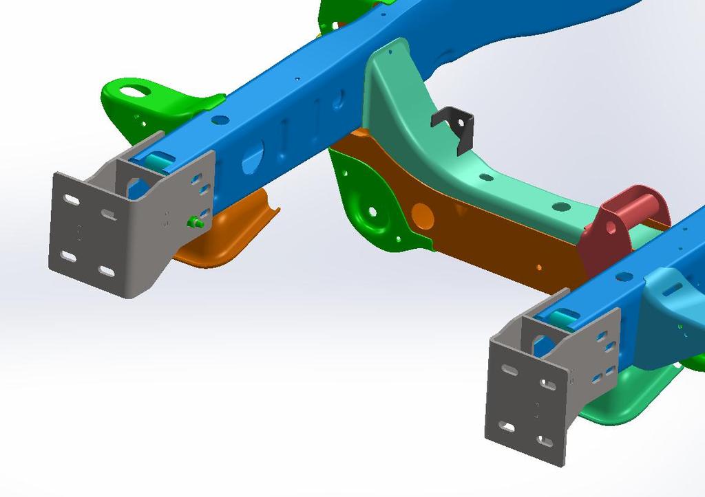3. Slide frame mounts over frame ends and align with OEM mount locations (3 per side). Use factory bolt strips and tow hook hardware to fasten to the frame.