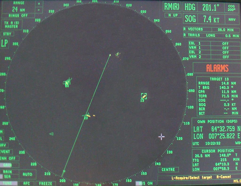 Figure 3 shows a radar image where one can see an echo of the DRAUGEN oil platform in the Norwegian Sea target No. 13. An AIS receiver indicates the structure as AtoN (Fig. 4).