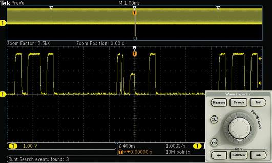 Exercise 2 Wave Inspector Navigation and Automated Search Trying to find one particular event, such as a spike on your signal or a runt pulse, in a long waveform record can be difficult.