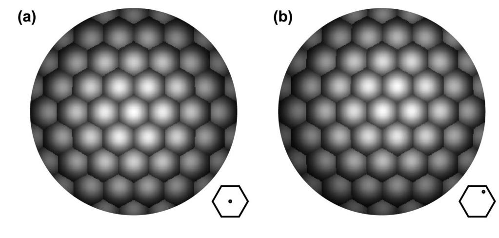 Figure 12 The spatial distribution produced by a hexagonal kaleidoscope at the aperture stop for (a) on-axis and (b) off-axis field points.