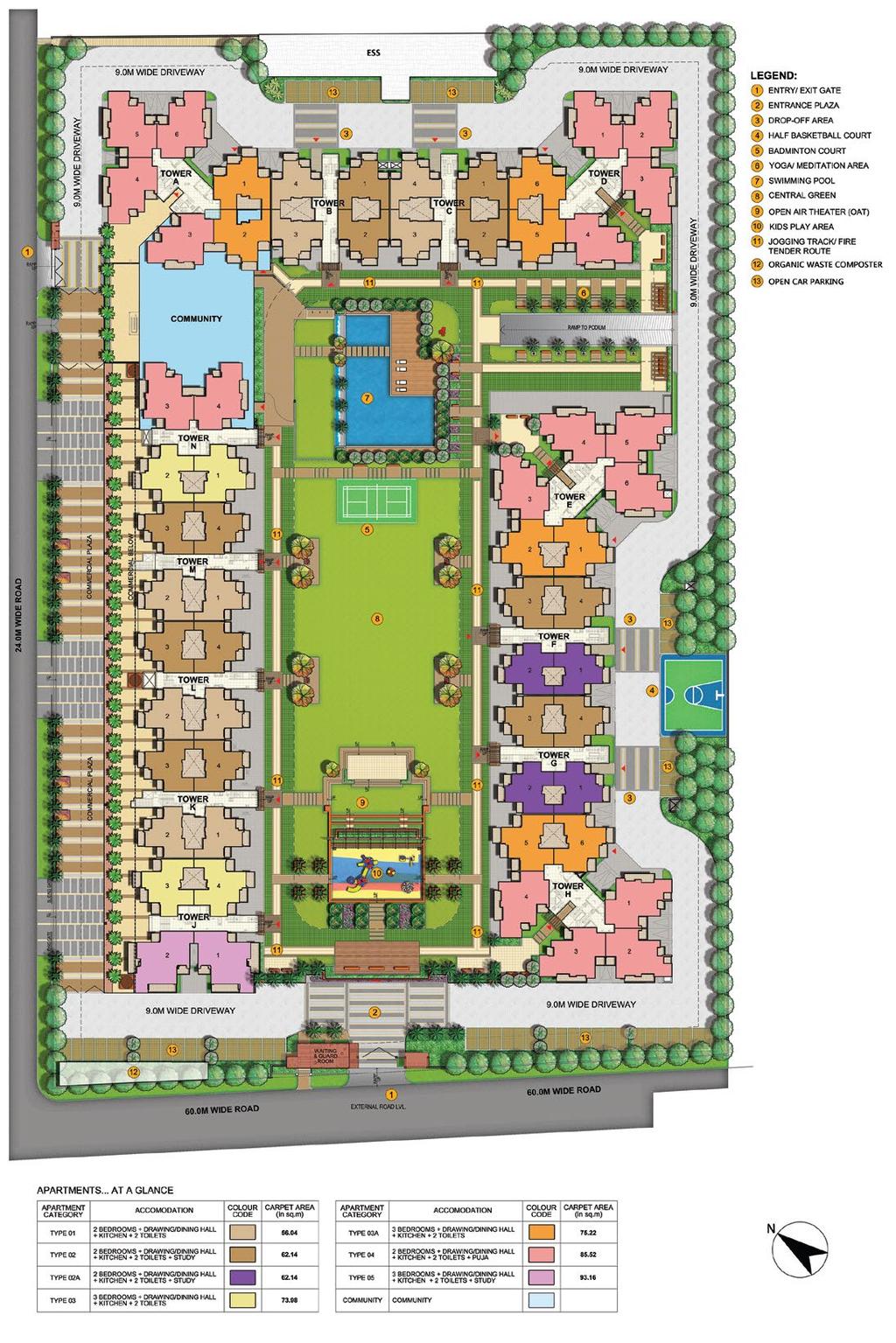 Site Layout at Gulshan Bellina Disclaimer Map not to scale. Type 01 - Type 02-2 Bed + 2 Toilets - Carpet Area (As per RERA) 55.55 Sq. M / 597.92 Sq.Ft. Balcony Area 14.342 Sq.M / 154.372 Sq.Ft. Total Area 94.