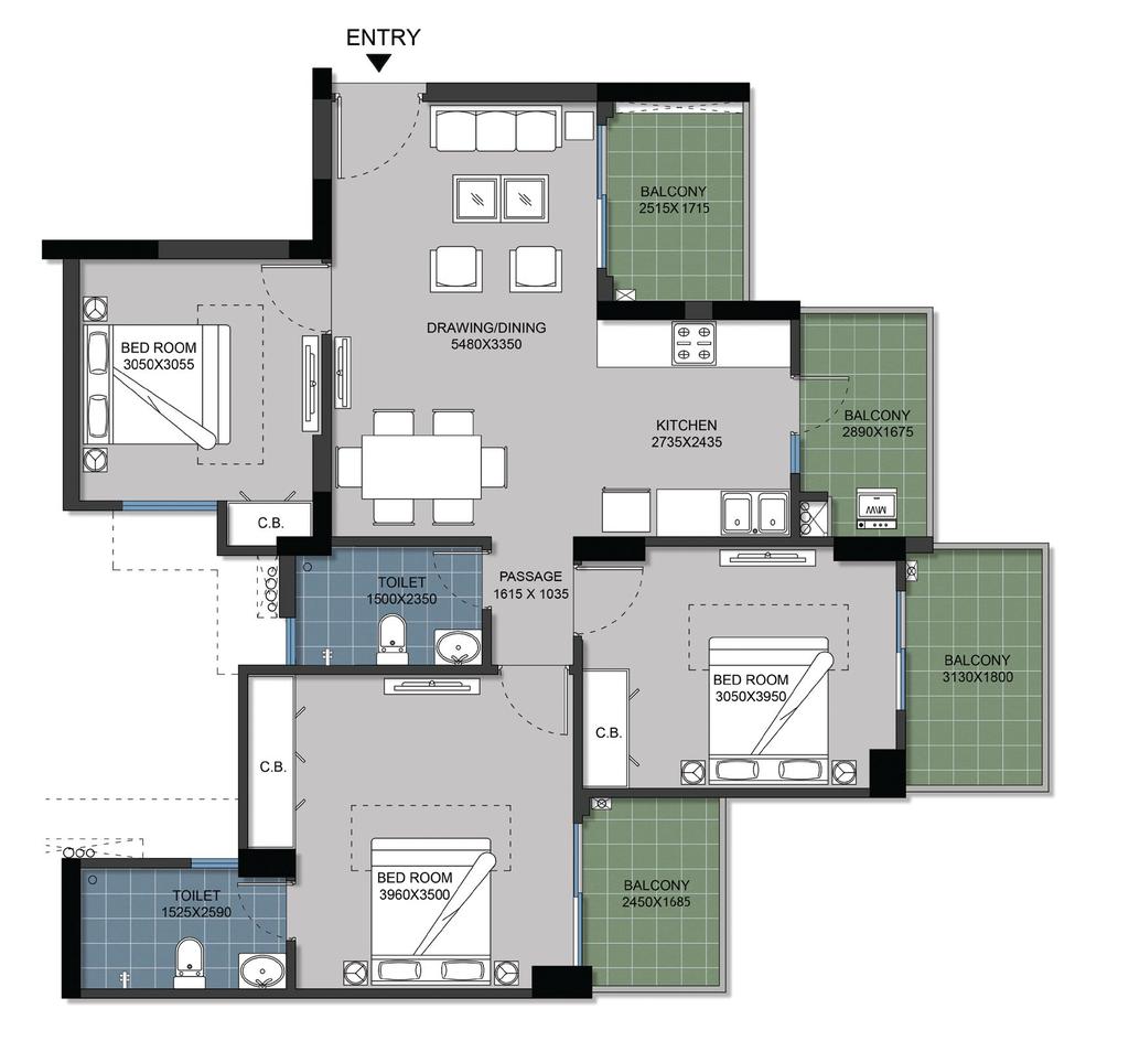 FLOOR PLAN TYPE 3 Carpet Area (as per RERA) Total Area Sq. Mtr. FLAT NO:- 1 (Tower- N) Sq. ft. 73.46 790.72 Balcony Area 18.947 203.949 123.