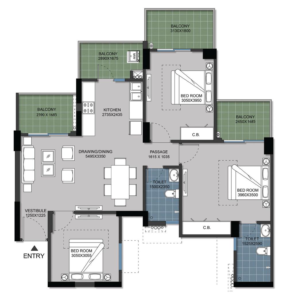 FLOOR PLAN TYPE 3A Carpet Area (as per RERA) Total Area Sq. Mtr. FLAT NO:- 1 (Tower- A) Sq. ft. 74.35 800.32 Balcony Area 19.279 207.516 125.
