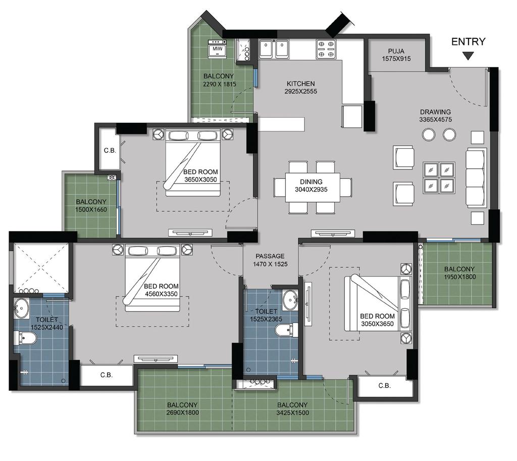 FLOOR PLAN TYPE 4 3 Bed + 2 Toilet + Puja Carpet Area (as per RERA) Total Area FLAT NO:- 3 (Tower- A & H EXCEPT A023, H053, H183 ) Sq. Mtr. Sq. ft. 85.36 918.
