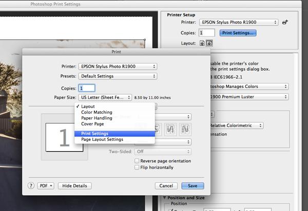 Let Photoshop Determine Colors 8. Printer Profile Selection choose Profile for specific paper. NEXT PAGE or see Profile File Names text document.