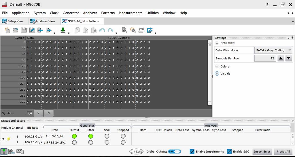 Figure 17. The pattern editor in the M8070B software allows editing NRZ bits and PAM4 symbols. The PAM4 symbol to bit mapping can be selected as Gray coded or custom with adjustable PAM4 levels.