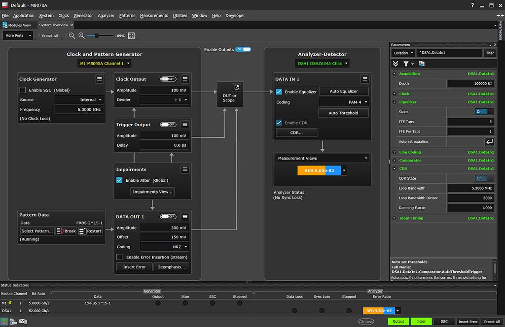 Figure 21. The setup view of the M8070B system software displays all major BERT pattern generator and error analyzer parameters at a glance.