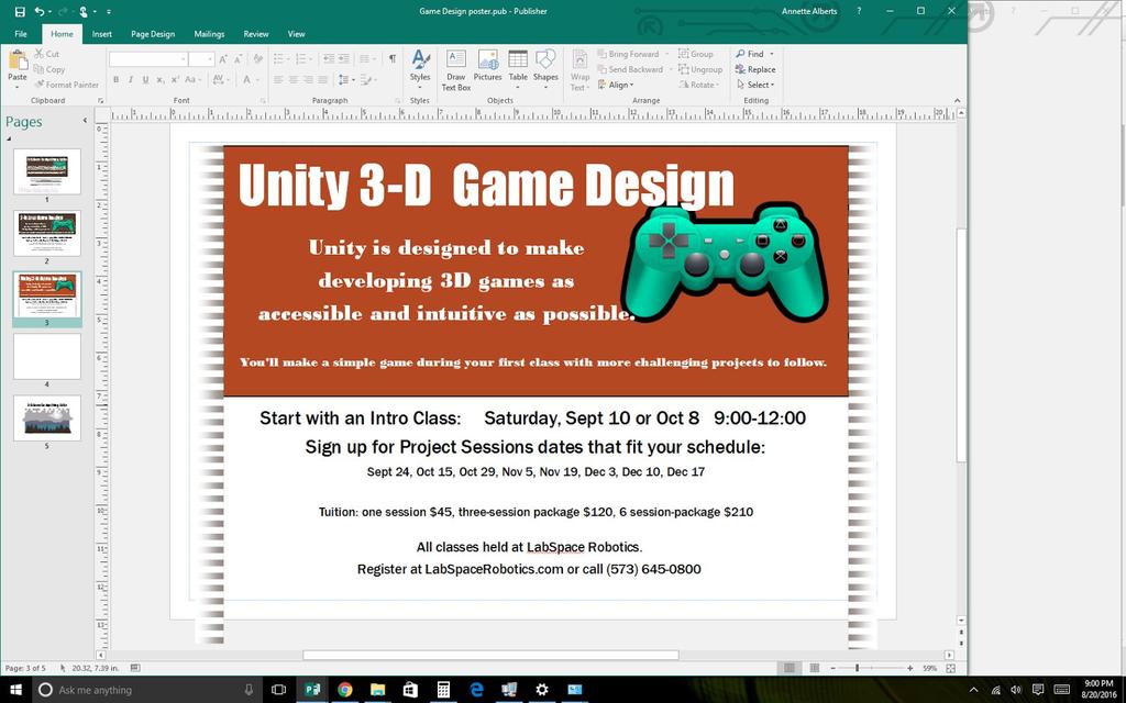 Unity 3D Game Development Grade 8 Adult Intro to Unity Saturday, Oct 8 9:00 12:00 Tuition one session $45 This class begins with a 3 hour Introduction to Unity to get you started with 3D game