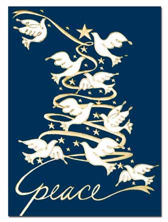 Peaceful doves decorate this gold foil tree and send greetings