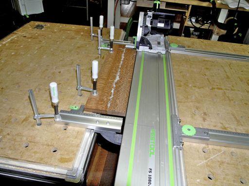 In the photo below you can see the finished edge trimmed from the front side of the parallel guides to be perfectly parallel with the one straight side on the work piece.
