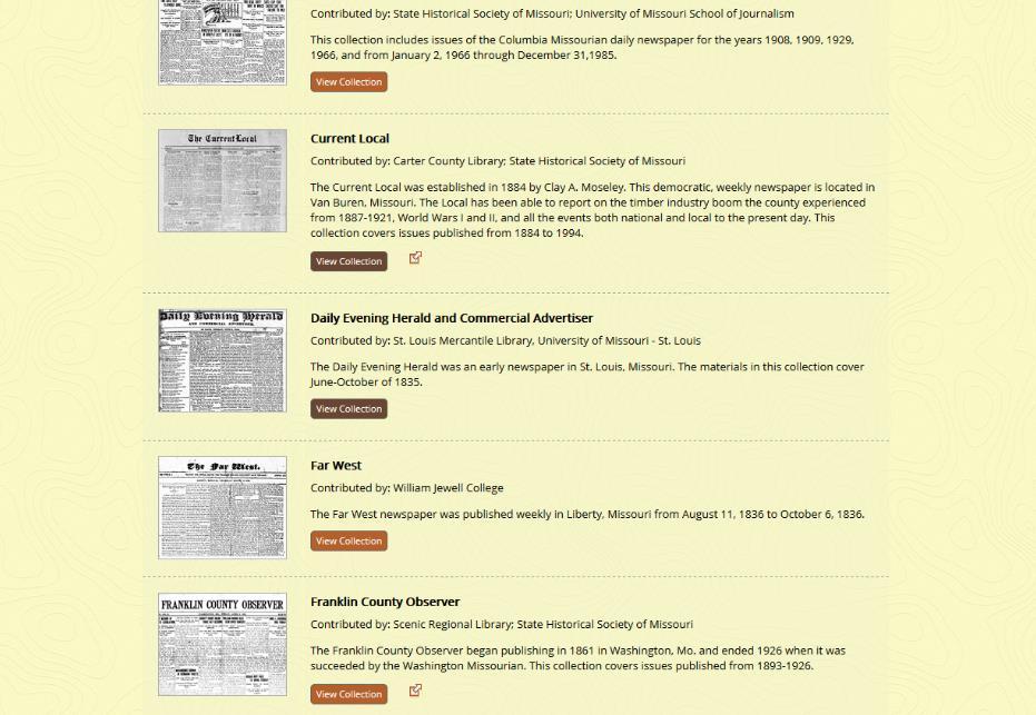 Digitized Newspapers These collections are most easily accessed by using the Media Type filter under Browse Collections on the navigation bar (as shown on the previous page of this guide).