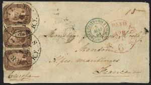 5c Brown (29). Horizontal strip of three, tied by two strikes of "Versailles Ky. Apr. 18, 1861" circular datestamp on tissue-paper cover to Menton, France, red "New York Paid 6 Apr.