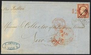 France, 1860, 80c Rose on Pinkish (20; Yvert 17B). Tied by diamond of dots cancel and also by "12" credit handstamp, red Le Havre Dec.