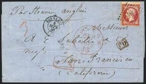 France, 1860, 80c Rose on Pinkish (20; Yvert 17B). Ample margins to huge at top, tied by diamond of dots cancel on blue 1860 folded letter to San Francisco, Bordeaux Sep.