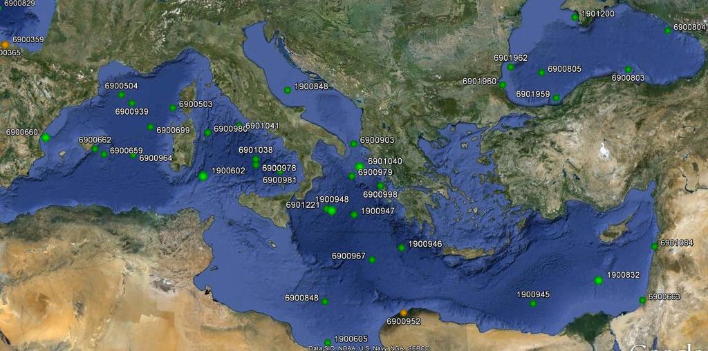 Argo float in Med and Black Seas in Sep 2012 6901042 6900636 6900664 6901038 6900850 6901043 6900843 MEDARGO on 20/9/2012 Green = AIC (34 active floats); Yellow = future deployments in 2012 (5 Italy,