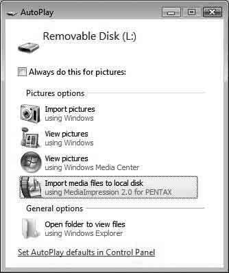 Windows 5 Click [Import media files to local disk]. MediaImpression 2.0 for PENTAX starts and the import screen appears. 6 Select an image to import.