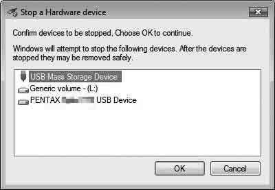 3 Select [USB Mass Storage Device] and click [OK]. A message appears indicating that the hardware can be safely removed. 4 Disconnect the USB cable from your Windows PC and the camera.