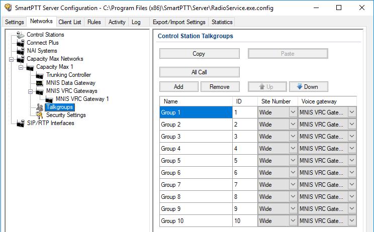 26 1.5 Configuring Talkgroups To configure talkgroups, click Talkgroups. The Control Station Talkgroups window appears: To add a talkgroup, click Add. To add an All Call, click All Call.
