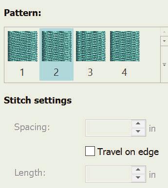 16. Click on the Fill tab at the top of the Object Properties box. 26. Under the Pattern section select Feather2. 17. Select the Tatami fill. 18.