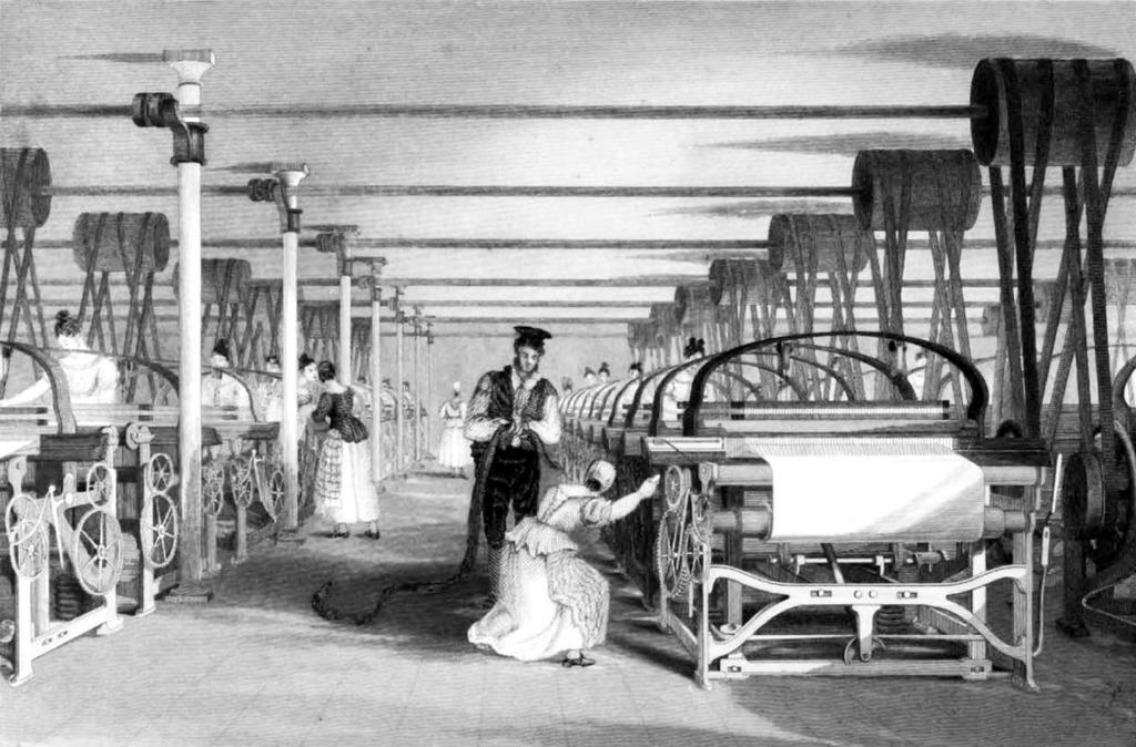 British factories turned out goods at higher quality and at a cheaper cost than goods made in America. This image shows power looms in operation at a British cotton mill in the mid-1830s.