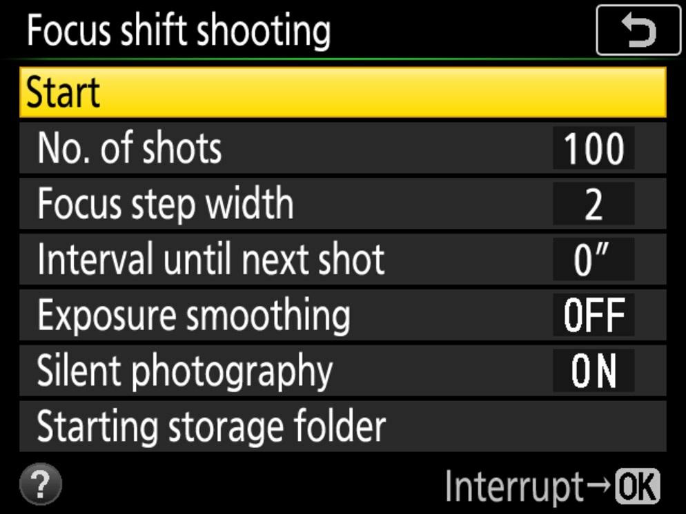 The Focus shift shooting menu on the D850 The Focus shift shooting menu on the D850 showing the various settings that can be adjusted.