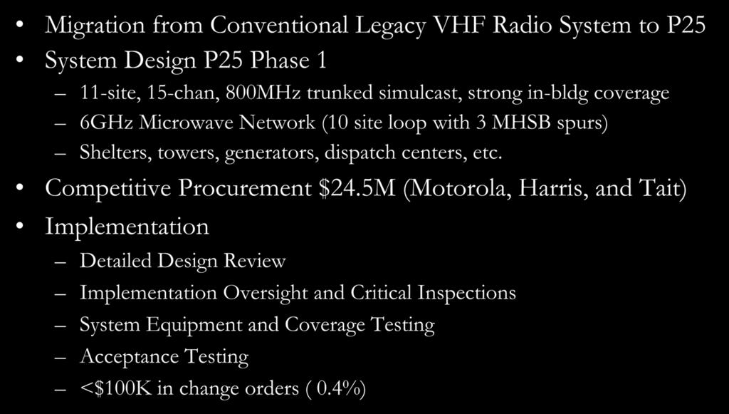 St Johns County, FL Migration from Conventional Legacy VHF Radio System to P25 System Design P25 Phase 1 11-site, 15-chan, 800MHz trunked simulcast, strong in-bldg coverage 6GHz Microwave Network (10