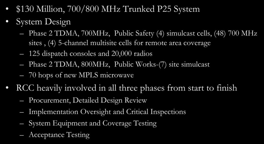 City of Houston, TX $130 Million, 700/800 MHz Trunked P25 System System Design Phase 2 TDMA, 700MHz, Public Safety (4) simulcast cells, (48) 700 MHz sites, (4) 5-channel multisite cells for remote
