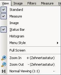 View You can show different menus in the MikroCamLab: Standard, Measure, Image, Status