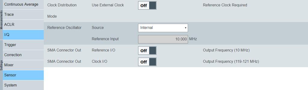 Measurement Configuration Sensor Settings 8.5.1 Clock Source Configuration By default, the R&S NRQ6 generates its conversion frequency, sampling clock and reference clock internally.