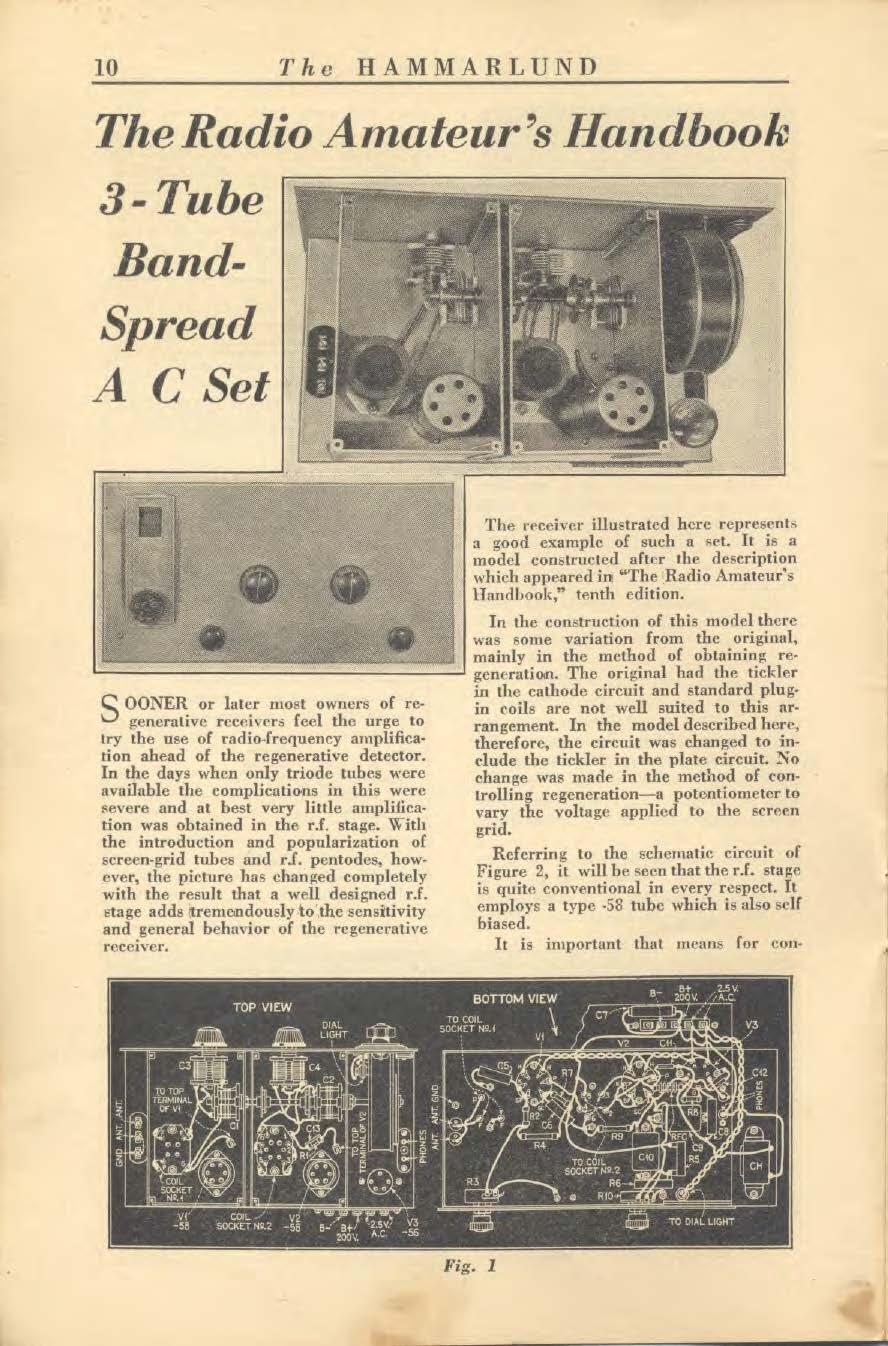 10 The HAMMARLUND The Radio Amateur's Handbook 3 - Tube Band- Spread A C Set OONER or later most owners of regenerative receivers feel the urge to Li try the use of radio -frequency amplification